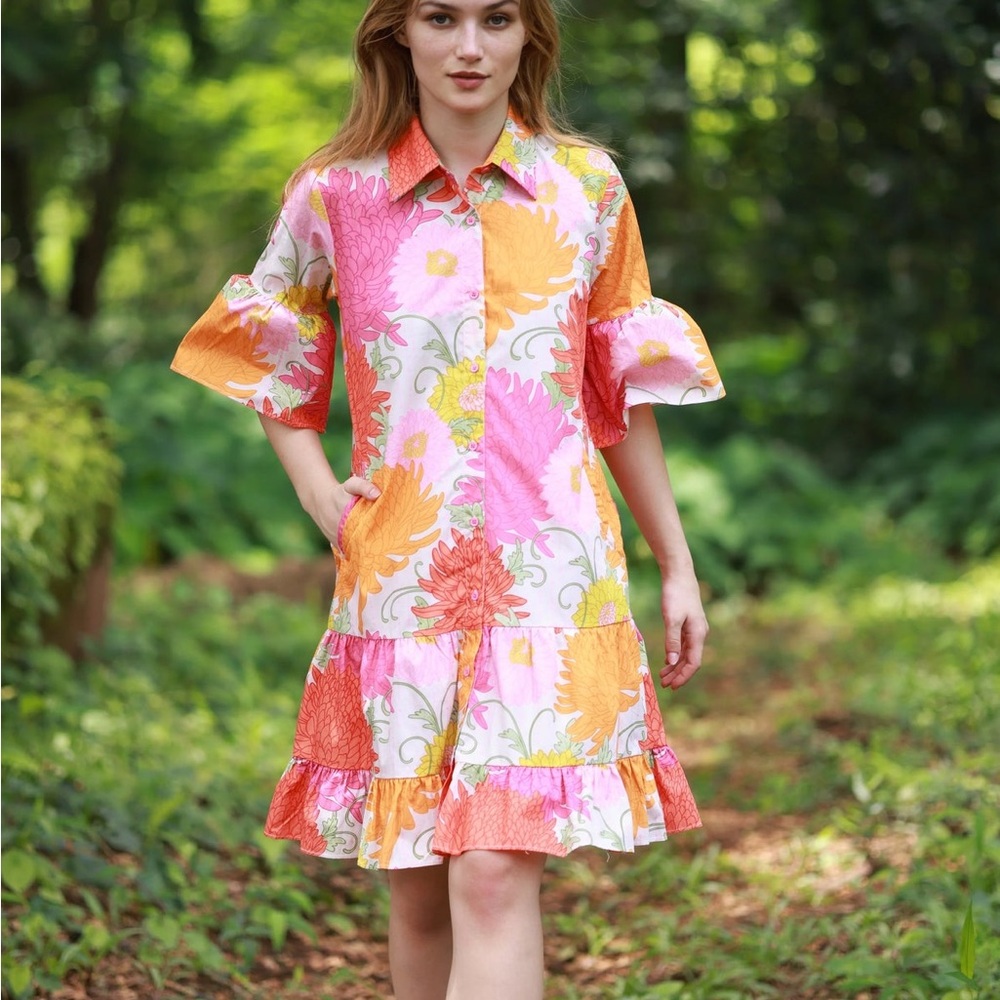 Maude Vivante Pink Midi Dress with Ruffle Sleeves